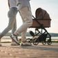 Pais caminham à beira da praia empurrando carrinho, ilustrando itens para passeio com o bebê