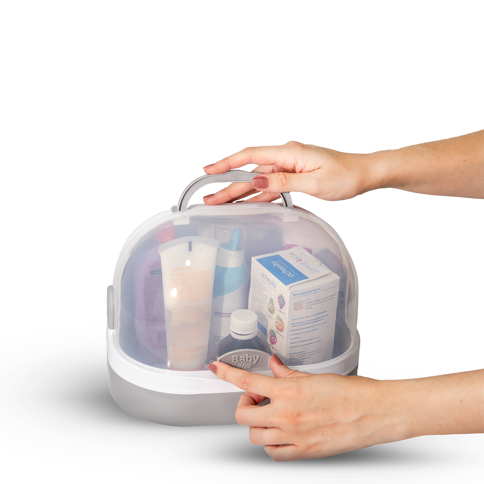 Frasqueira organizadora para beb&ecirc; sendo usada para armazenar produtos de higiene e medicamentos