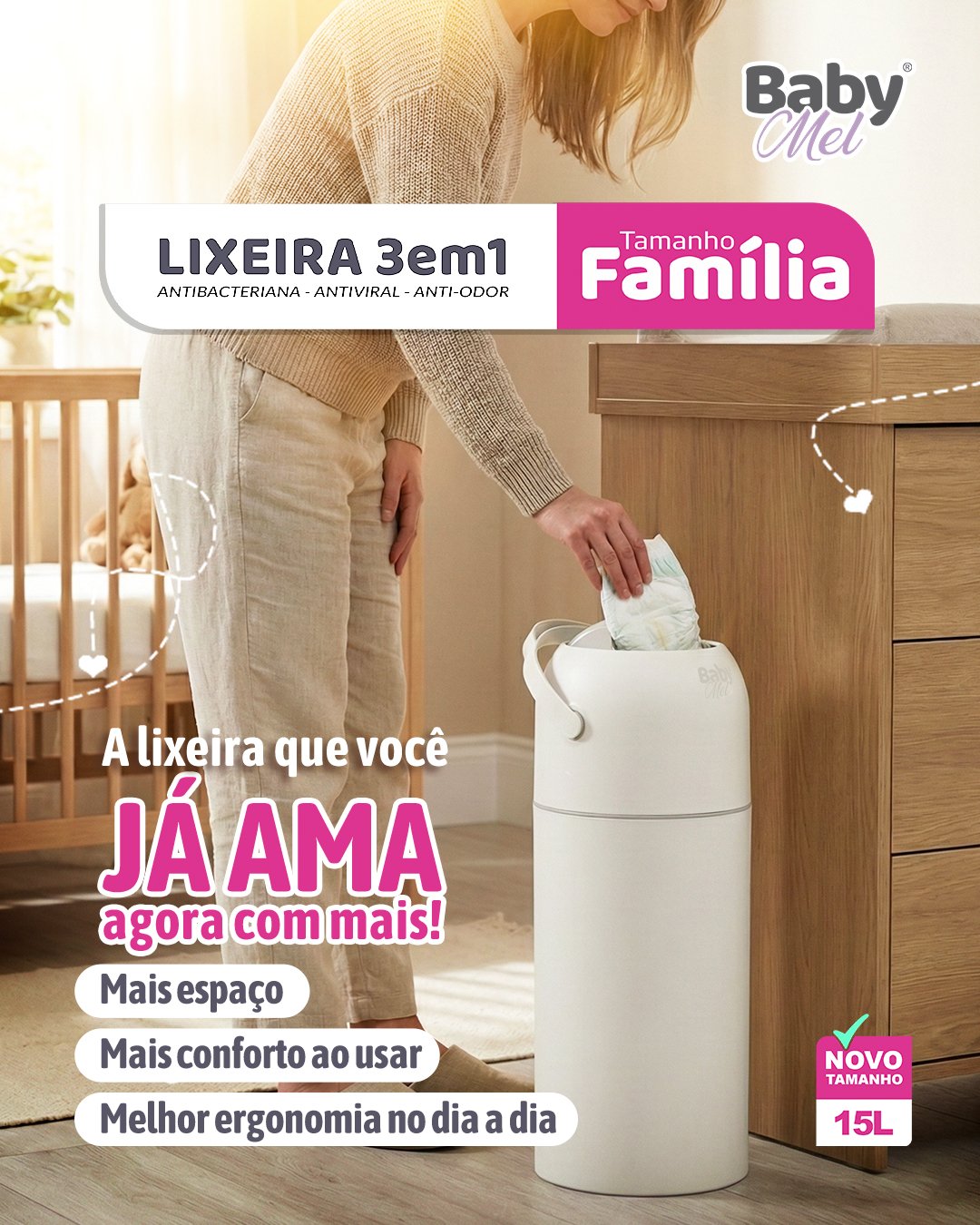 Lixeira 3 em 1-Anti-odor Master Tamanho Família Rosa