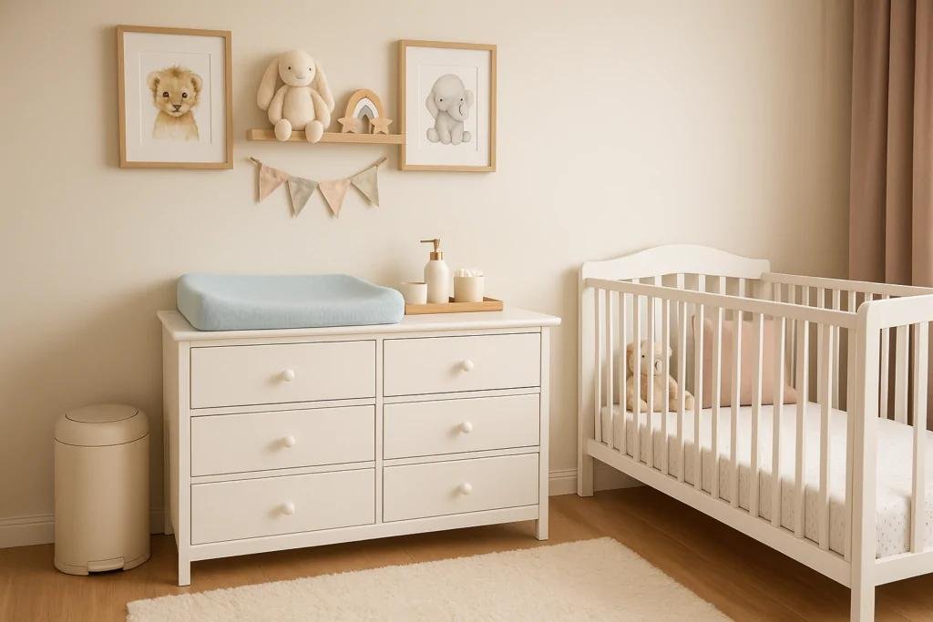 Cantinho de troca em quarto de beb&ecirc; com c&ocirc;moda branca e trocador acolchoado azul