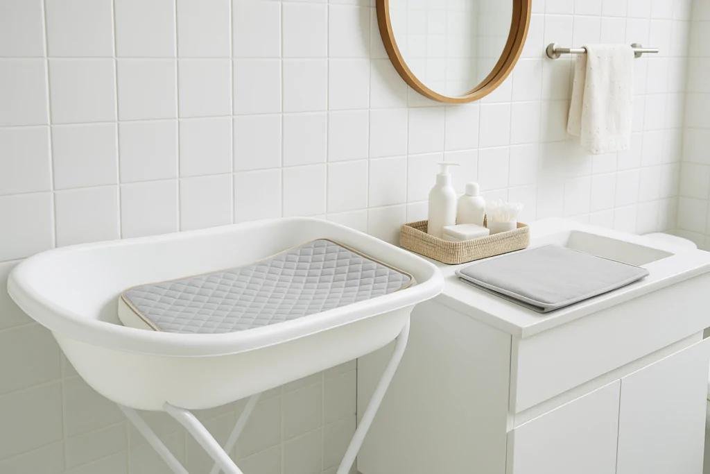 Cantinho de troca no banheiro com banheira sobre suporte e trocador acolchoado