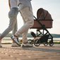 Pais caminhando ao ar livre empurrando um carrinho de bebê em um parque à beira de um lago
